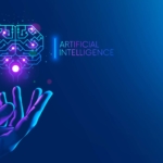 Hybrid Network Visibility Platforms Abstract illustration of artificial intelligence with a glowing digital brain hovering above a human hand on a blue gradient background