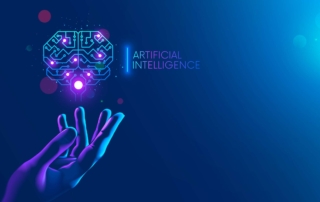 Abstract illustration of artificial intelligence with a glowing digital brain hovering above a human hand on a blue gradient background