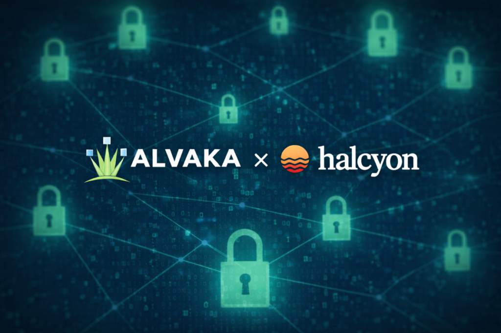 Alvaka and Halcyon logos displayed side by side over a dark blue cybersecurity-themed background with subtle digital network lines and lock icons, representing ransomware resilience and security partnership.