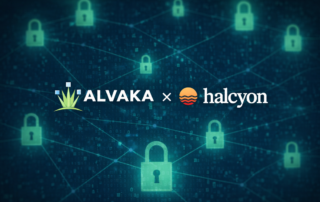 Alvaka and Halcyon logos displayed side by side over a dark blue cybersecurity-themed background with subtle digital network lines and lock icons, representing ransomware resilience and security partnership.