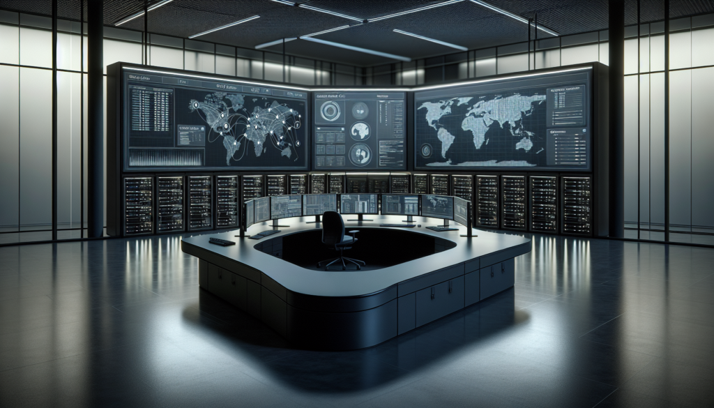 AI chatbot assisting a cybersecurity team with incident response, displaying alerts and real-time threat analysis on multiple screens