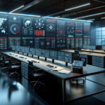 Modern IT operations center with multiple monitoring dashboards displaying system performance, network activity, security alerts, and analytics across a large wall of screens.