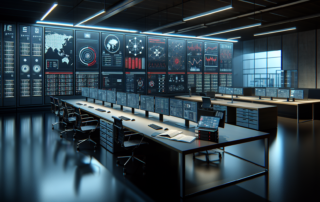 Modern IT operations center with multiple monitoring dashboards displaying system performance, network activity, security alerts, and analytics across a large wall of screens.