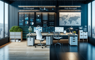 Split-screen office workspace comparing co-managed IT and fully managed IT environments, with dashboards and monitoring screens visible on both sides.