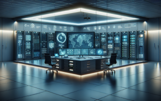 Modern cybersecurity operations center with large digital dashboards monitoring global network activity