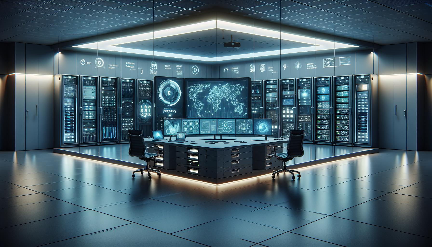 Modern cybersecurity operations center with large digital dashboards monitoring global network activity