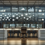 Enterprise security operations center with large digital dashboards displaying network activity, threat analytics, and system performance metrics across multiple servers.