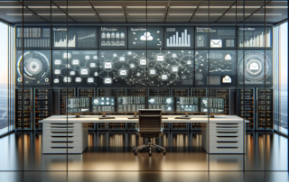 Enterprise security operations center with large digital dashboards displaying network activity, threat analytics, and system performance metrics across multiple servers.