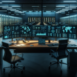 Modern network operations center (NOC) with multiple monitoring dashboards, large display screens, and rows of server racks supporting enterprise IT infrastructure and cybersecurity operations.