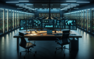 Modern network operations center (NOC) with multiple monitoring dashboards, large display screens, and rows of server racks supporting enterprise IT infrastructure and cybersecurity operations.