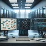 Modern data center operations room with multiple server racks, monitoring dashboards on large screens, and a workstation displaying network diagrams and system alerts.