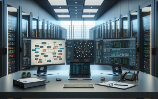 Modern data center operations room with multiple server racks, monitoring dashboards on large screens, and a workstation displaying network diagrams and system alerts.
