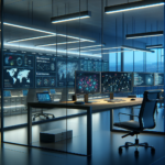 User-Behaviour-Monitoring-Solutions-for-Better-Security-Insights Modern cybersecurity monitoring center with multiple screens displaying network data, analytics, and global threat activity.