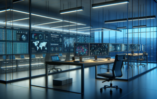Modern cybersecurity monitoring center with multiple screens displaying network data, analytics, and global threat activity.