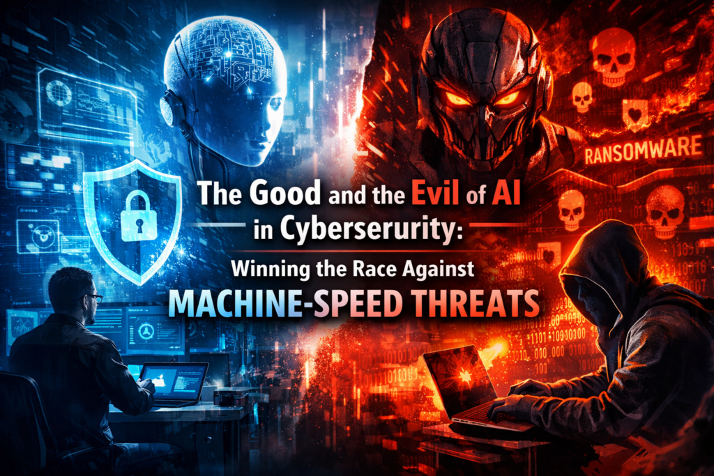 The Good and the Evil of AI in Cybersecurity Split image showing AI cybersecurity defense in blue and ransomware cyber attack in red, representing the good and evil of AI in cybersecurity