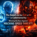 The Good and the Evil of AI in Cybersecurity Split image showing AI cybersecurity defense in blue and ransomware cyber attack in red, representing the good and evil of AI in cybersecurity