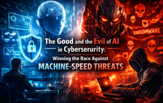 Split image showing AI cybersecurity defense in blue and ransomware cyber attack in red, representing the good and evil of AI in cybersecurity