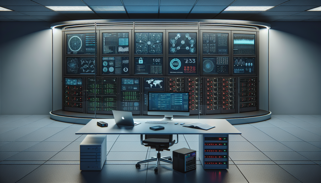 A modern security operations center with a workstation facing a wall of digital monitoring screens displaying cybersecurity dashboards, server performance metrics, and network activity.