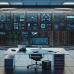 Ransomware-attack-lifecycle-explained-step-by-step-guide A modern security operations center with a workstation facing a wall of digital monitoring screens displaying cybersecurity dashboards, server performance metrics, and network activity.